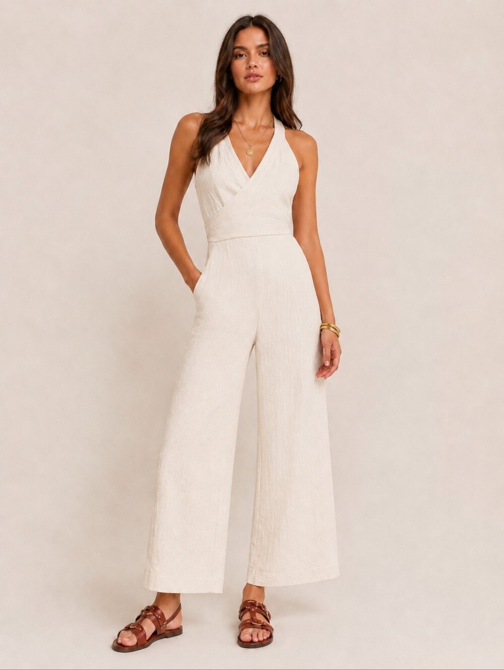 Anthropologie Cream Wide Leg Demi Textured Gauze Jumpsuit Size 10